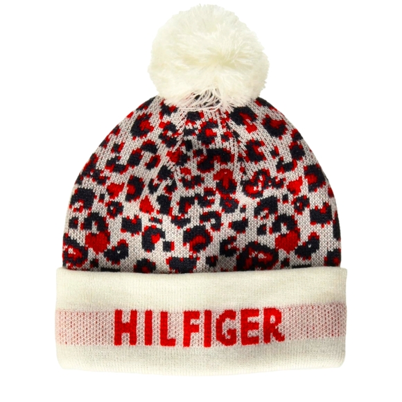 TOMMY HILFIGER Girls Leopard Print Cuffed Beanie Hat With Pom Pom - Picture 1 of 2
